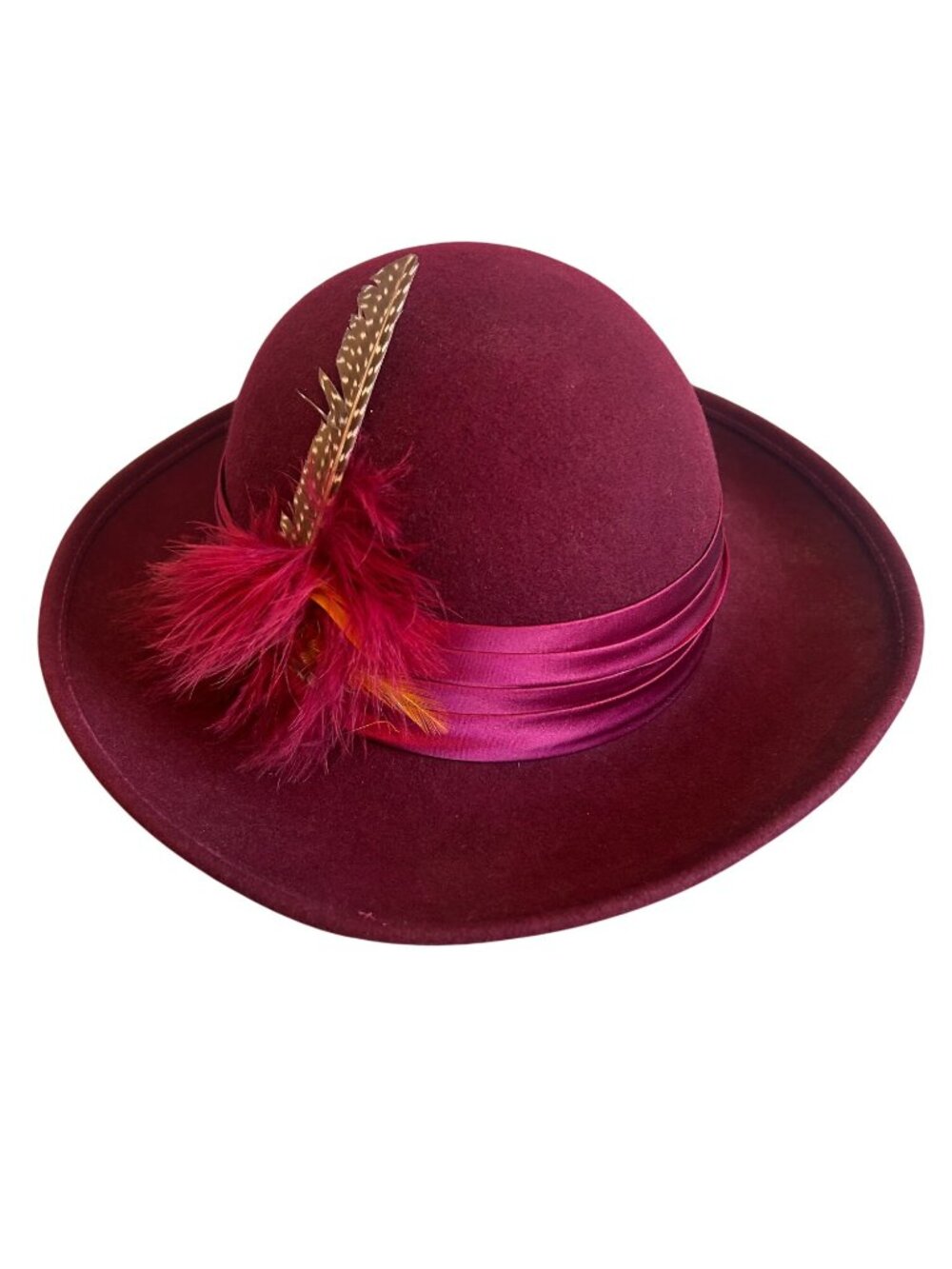 Vintage Geo W Bollman Burgundy Wool Hat With Satin Ribbon & Feather Accent - Picture 3 of 16